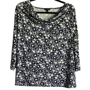 Talbots Petite Womens Floral Print Cowl Neck Top XLP Navy White 3/4 Sleeve